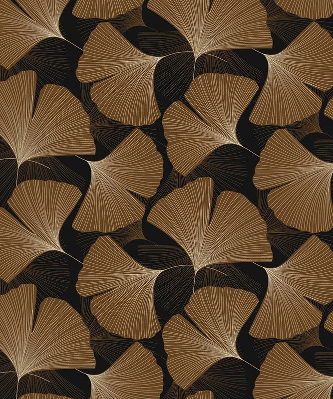 Wallpaper for small bedroom-Tossed Ginkgo Leaf Peel & Stick Wallpaper in Ebony & Metallic Copper