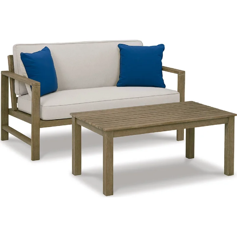 sofa for cozy apartment-Fynnegan Outdoor Loveseat with Table - Light Brown