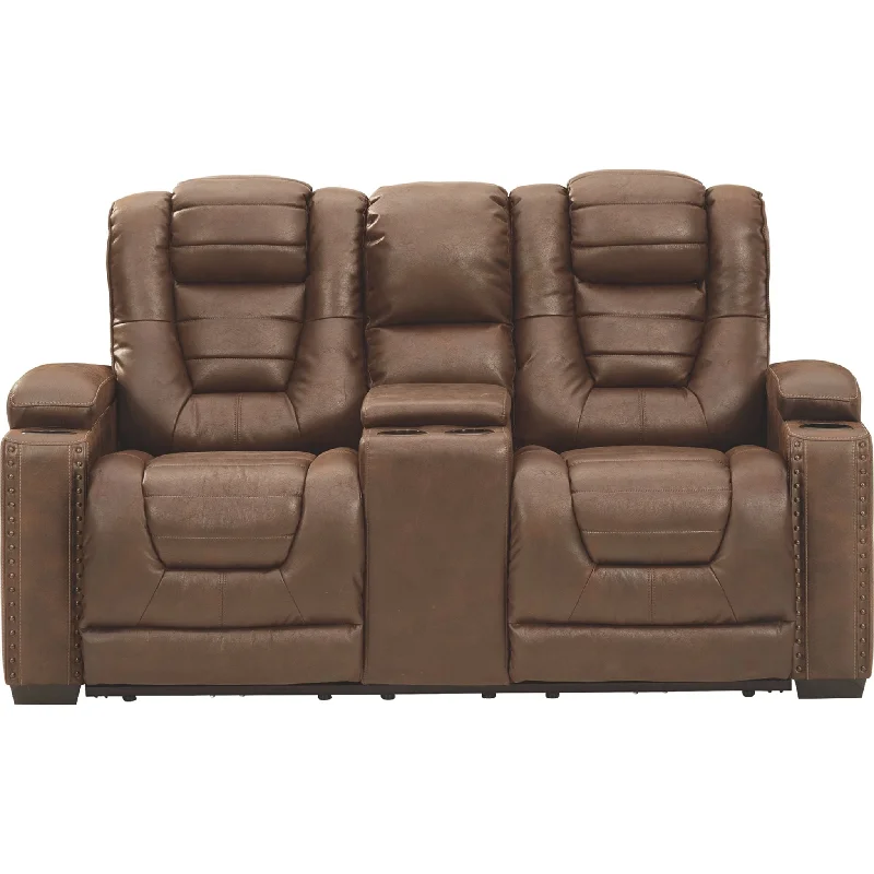 sofa with leather cushions-Owners Box Power Reclining Loveseat with Console - Brown/Beige