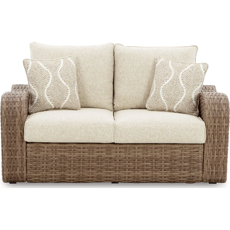 sofa with modern legs-Sandy Bloom Outdoor Loveseat with Cushion - Beige